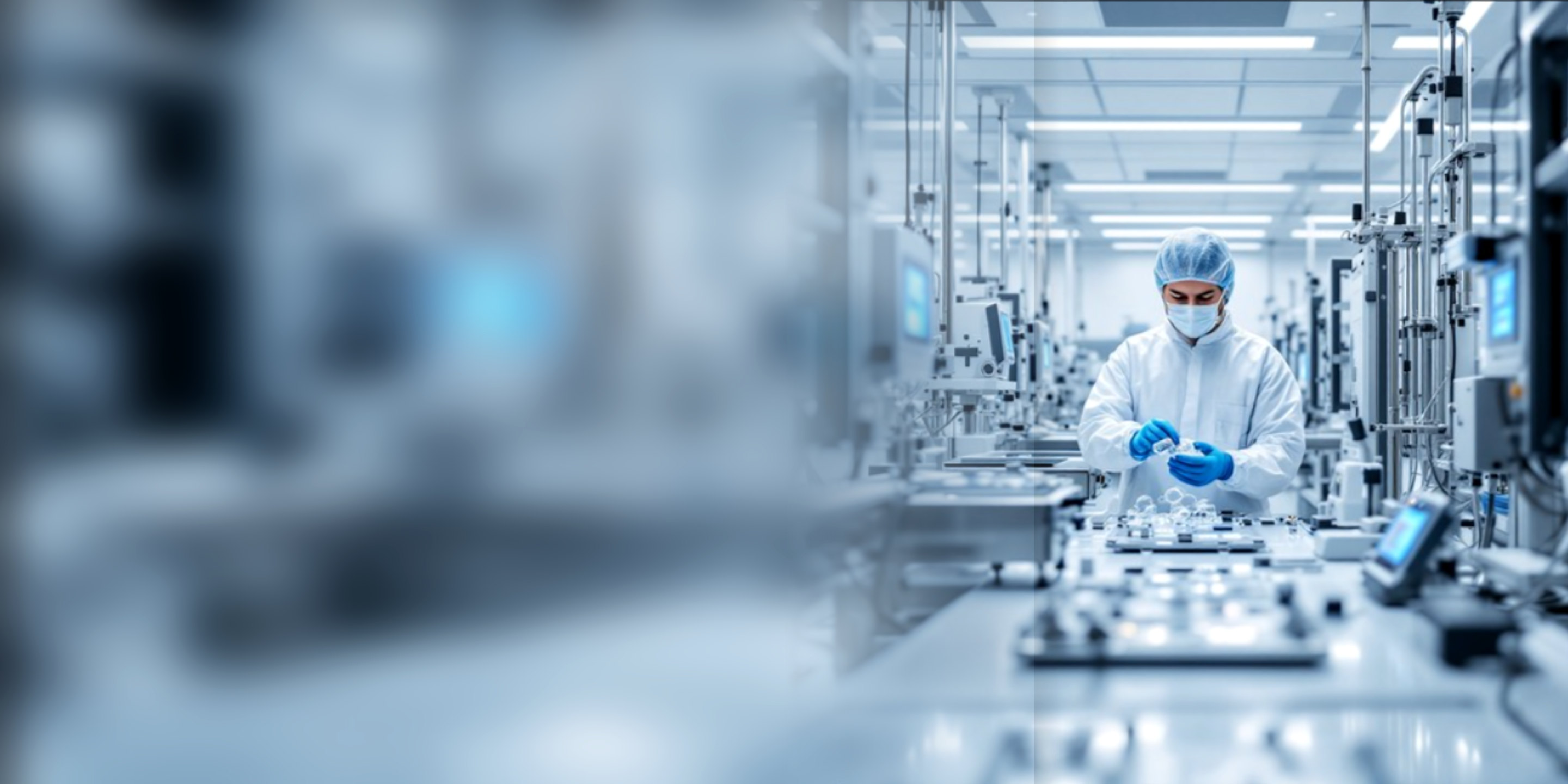 Technician in a cleanroom suit, hairnet and mask assembling medical device components